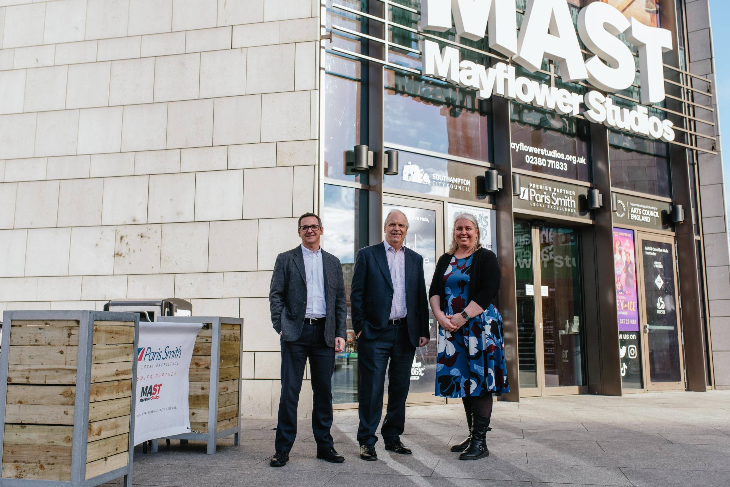 Two Paris Smith representatives and MAST's Executive Director outside MAST Mayflower Studios.