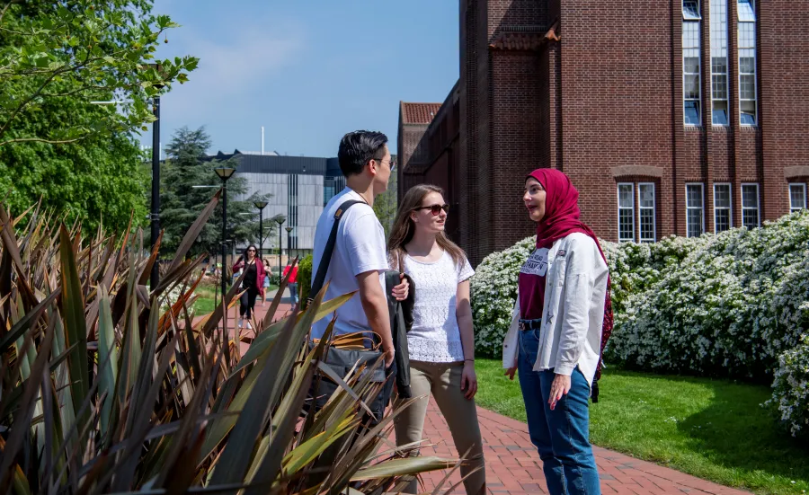 Small group of students chatting outside library